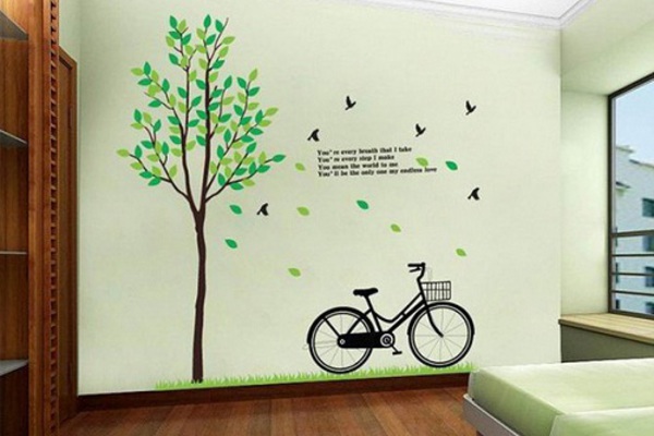 Decal dán tường cây xanh xe đạp