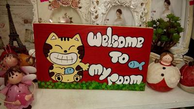 Bảng gỗ handmade welcome to my room (mèo đỏ)