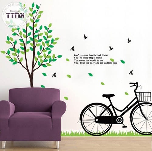 Decal dán tường cây xanh xe đạp
